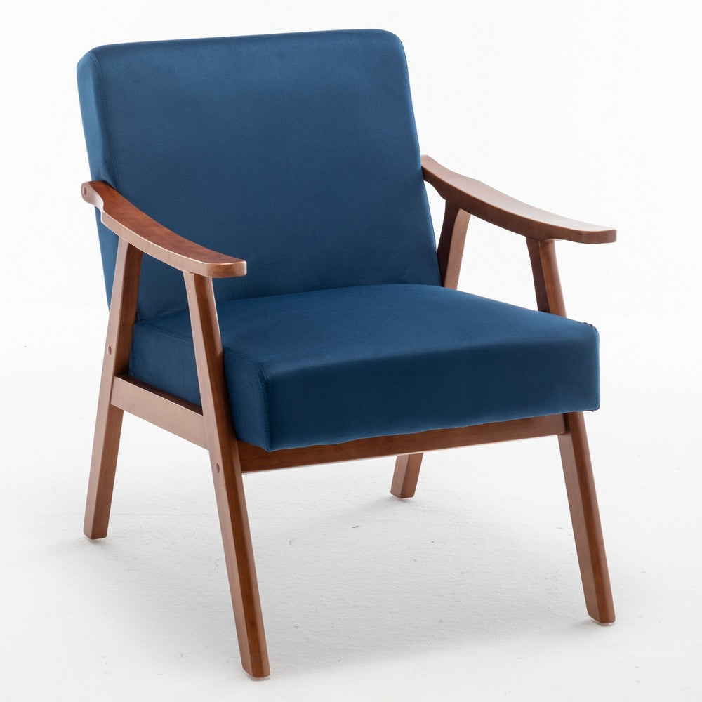Ryno Mid-Century Accent Chair, Natural Wood Frame, Dark Blue Velvet