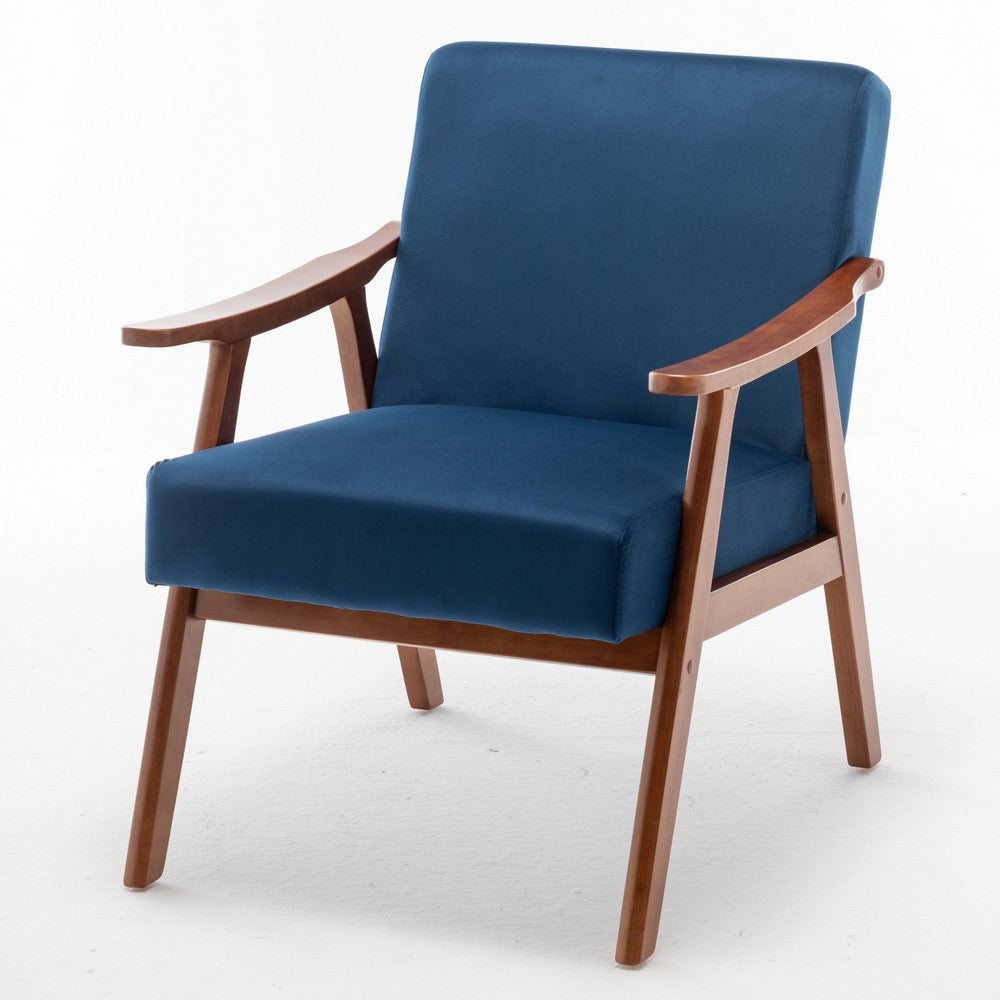 Ryno Mid-Century Accent Chair, Natural Wood Frame, Dark Blue Velvet
