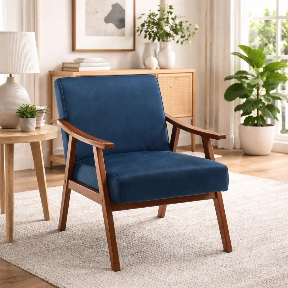 Ryno Mid-Century Accent Chair, Natural Wood Frame, Dark Blue Velvet