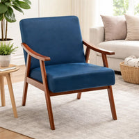 Ryno Mid-Century Accent Chair, Natural Wood Frame, Dark Blue Velvet