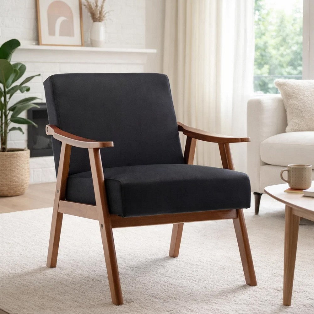 Ryno Mid-Century Accent Chair with Natural Wood Frame, Black Velvet