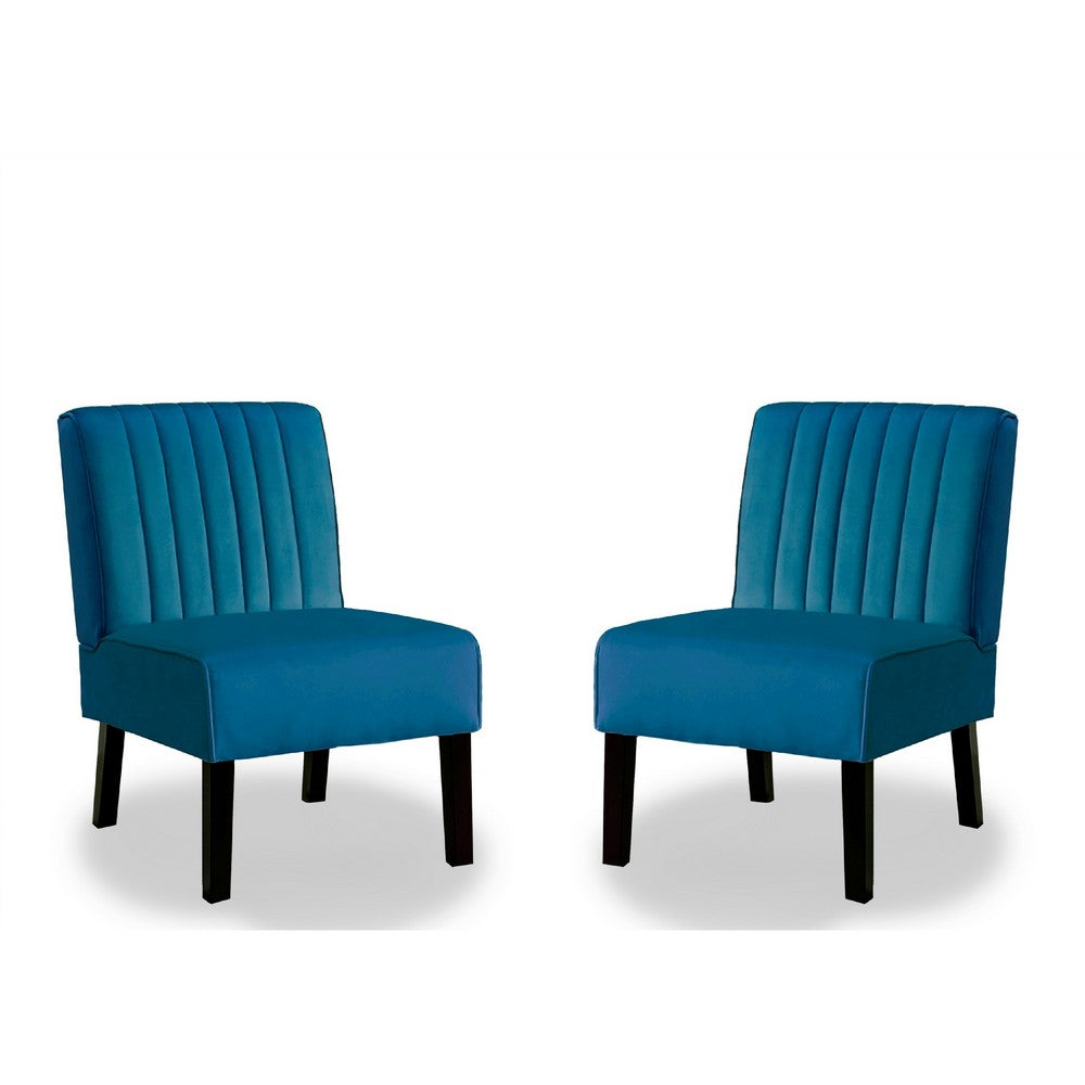 Revvy Accent Chair Set of 2, Black Wood, Blue Channel-Tufted Velvet