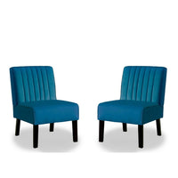 Revvy Accent Chair Set of 2, Black Wood, Blue Channel-Tufted Velvet