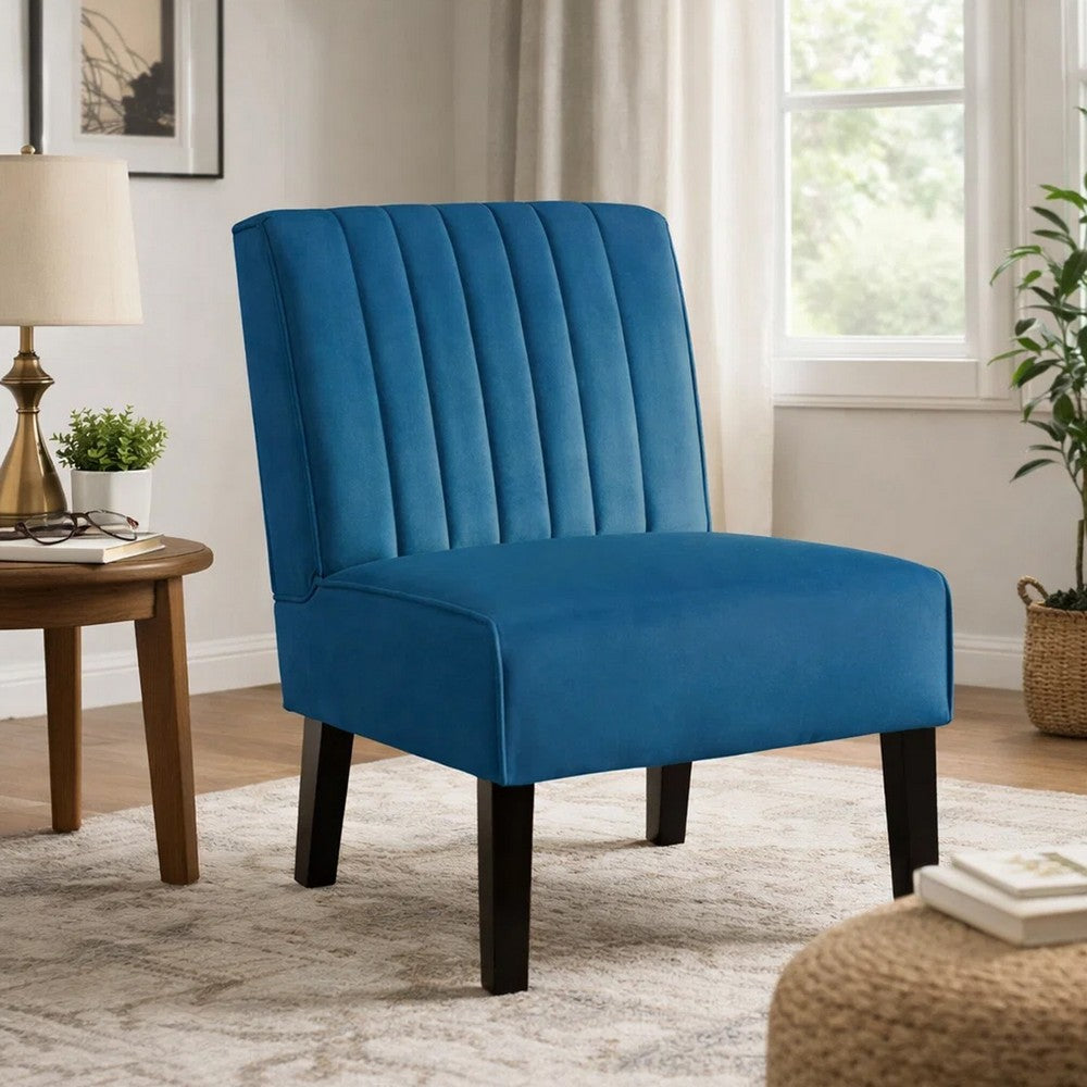 Revvy Accent Chair Set of 2, Black Wood, Blue Channel-Tufted Velvet