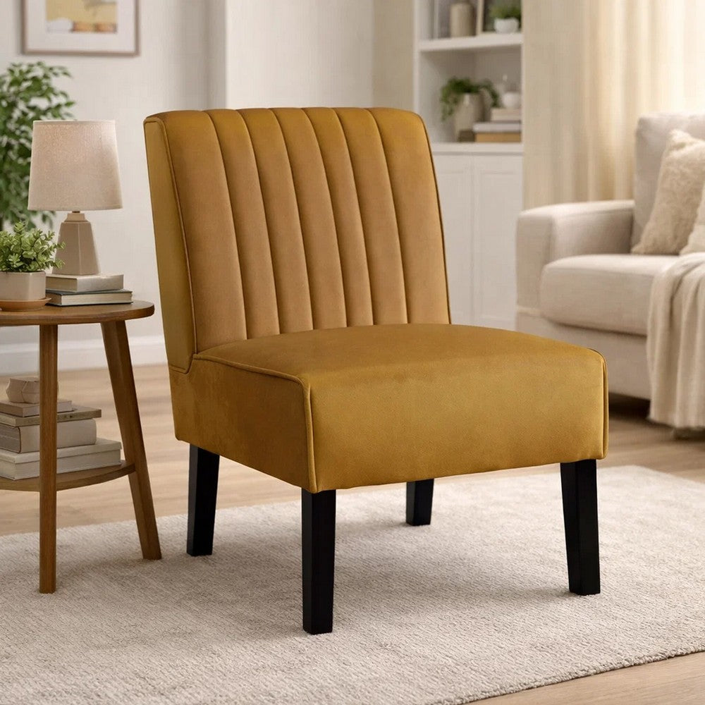 Revvy Accent Chair Set of 2, Black Wood, Yellow Channel-Tufted Velvet