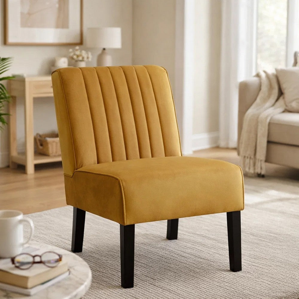 Revvy Accent Chair Set of 2, Black Wood, Yellow Channel-Tufted Velvet