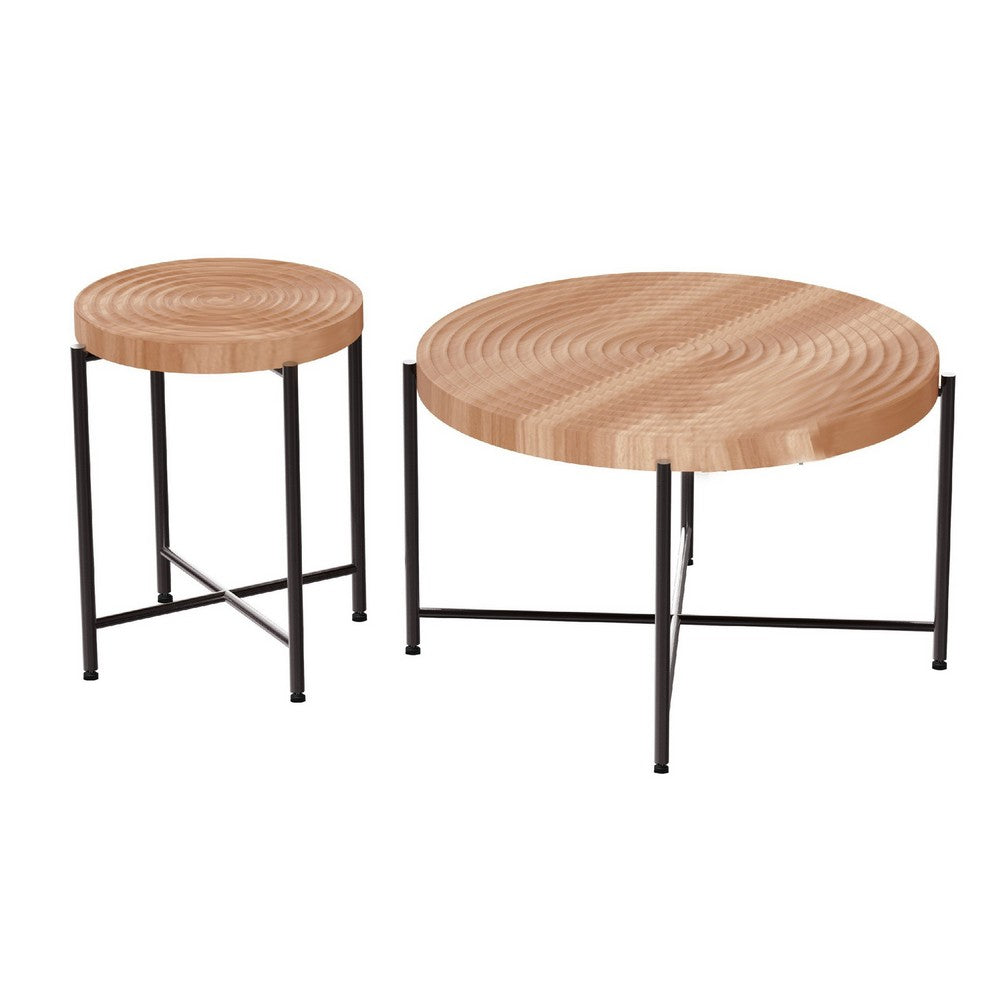 Sierra 2Pc Coffee and End Table Set, Carved Ring Pattern, Natural Wood