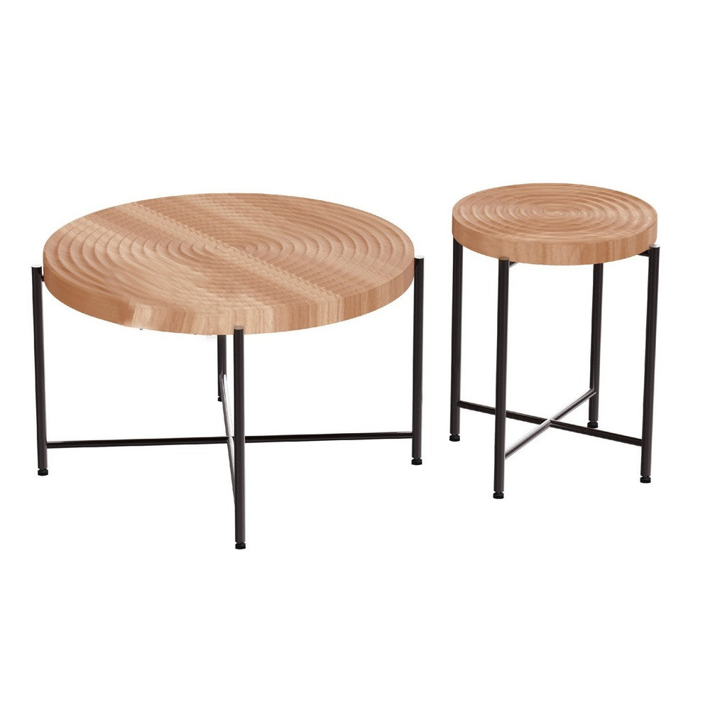 Sierra 2Pc Coffee and End Table Set, Carved Ring Pattern, Natural Wood