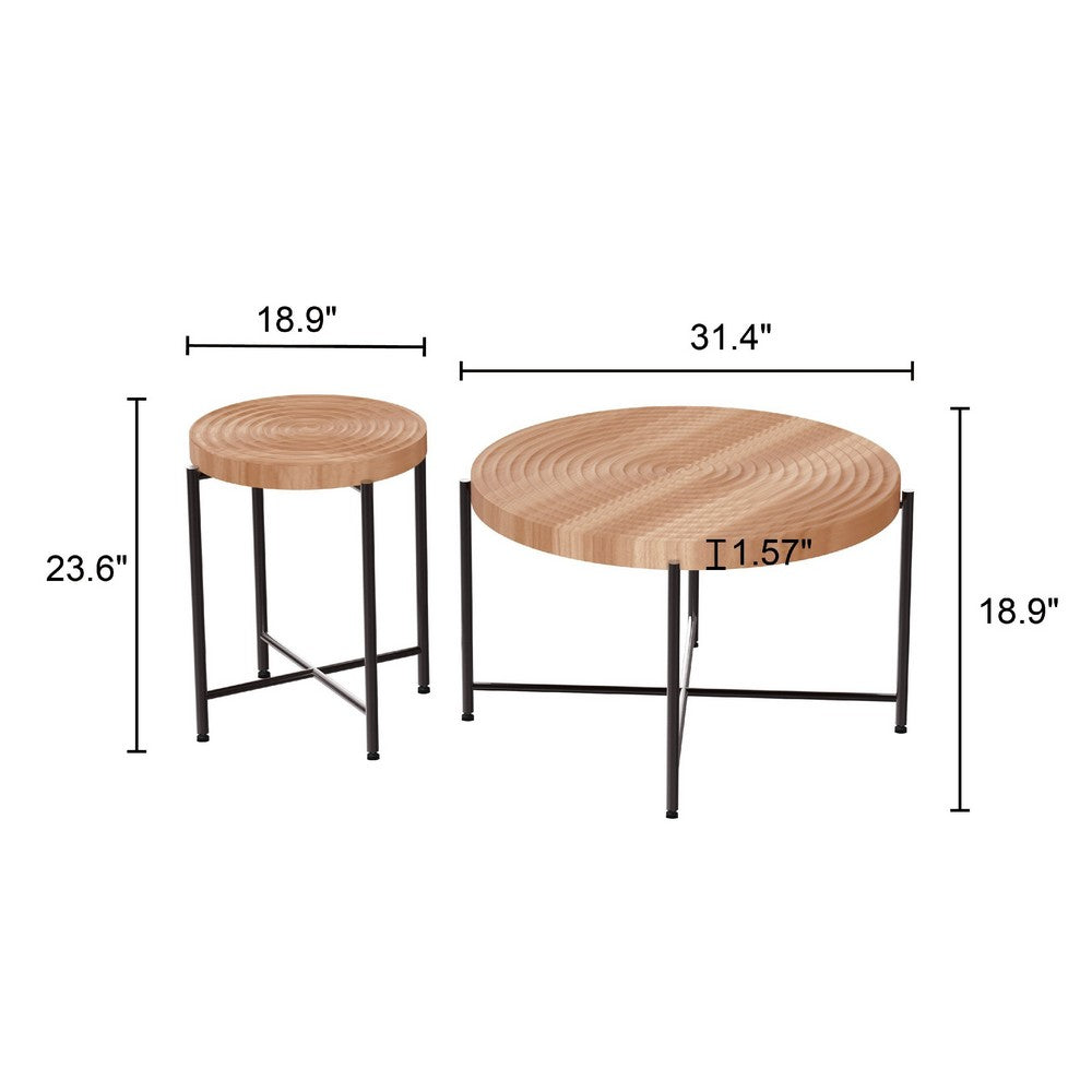 Sierra 2Pc Coffee and End Table Set, Carved Ring Pattern, Natural Wood