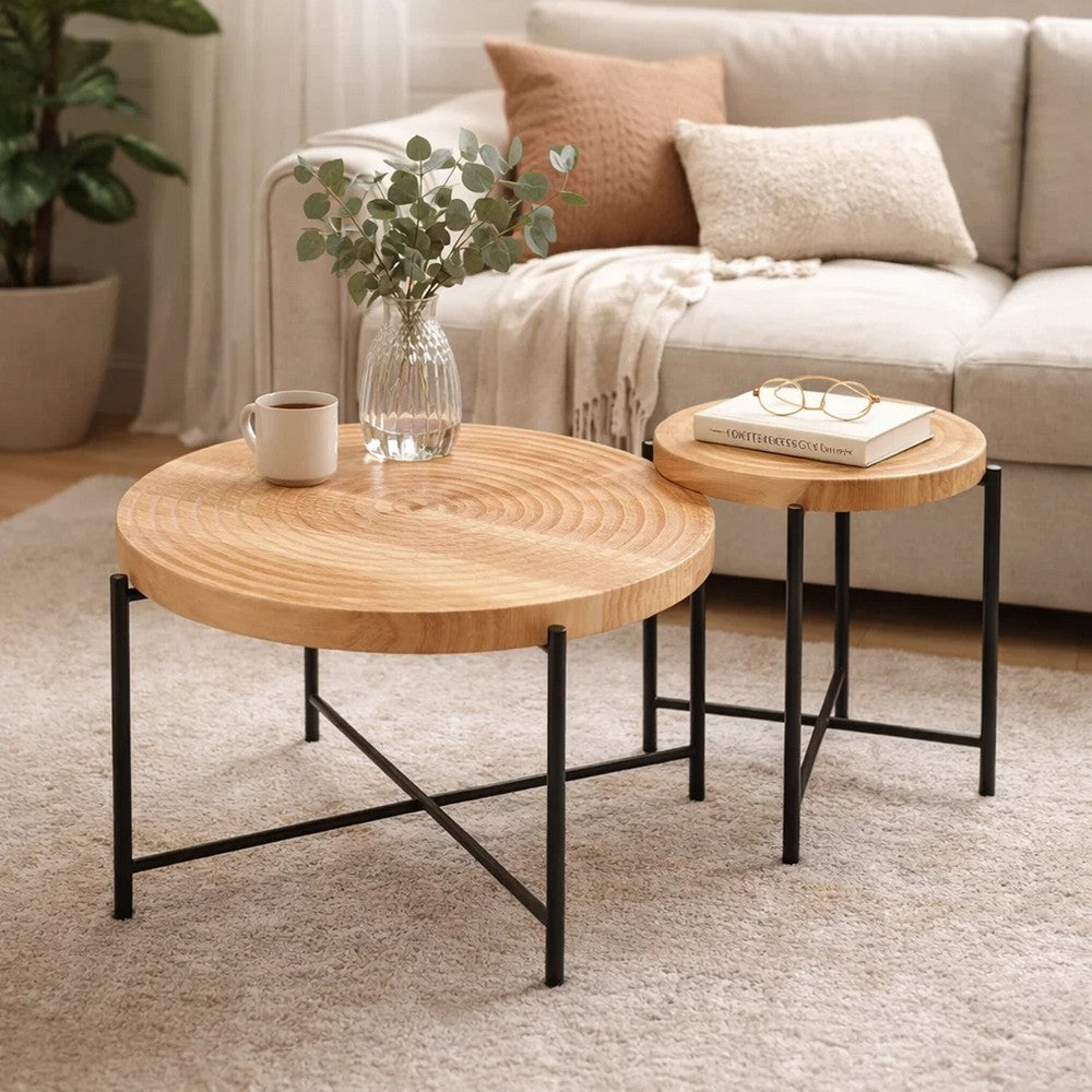 Sierra 2Pc Coffee and End Table Set, Carved Ring Pattern, Natural Wood