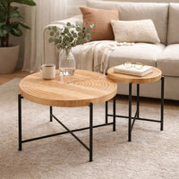 Sierra 2Pc Coffee and End Table Set, Carved Ring Pattern, Natural Wood