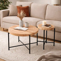 Sierra 2Pc Coffee and End Table Set, Carved Ring Pattern, Natural Wood