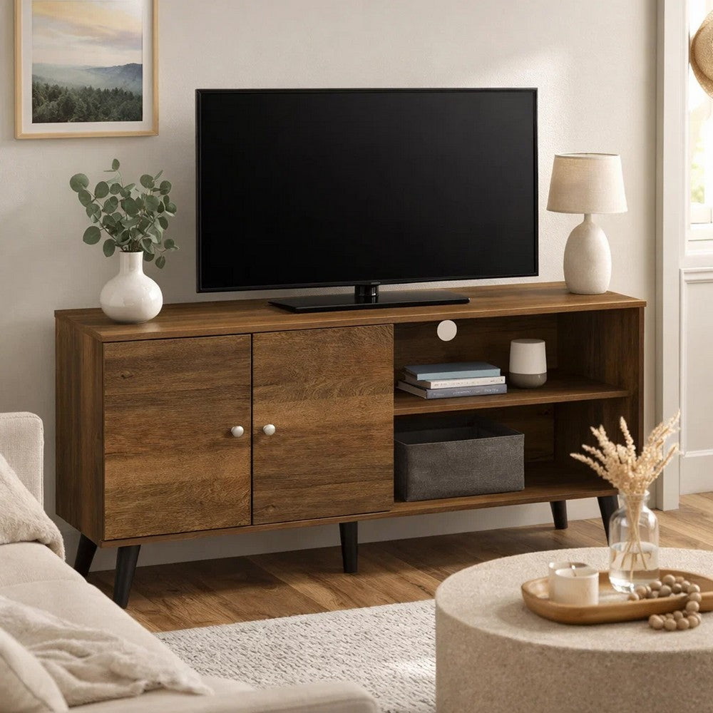 Donna TV Stand Media Console, Shelves and 2 Door Cabinet, Brown Wood 47 Inch