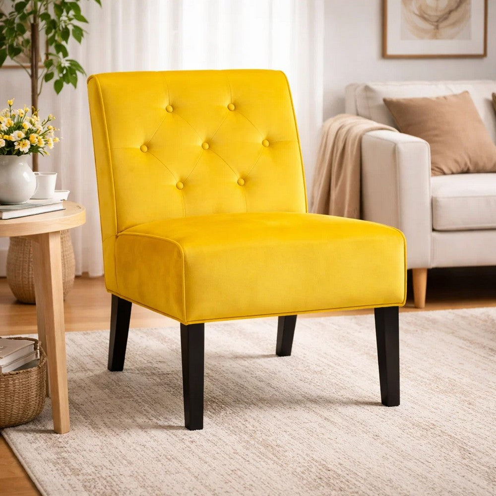 Revvy Armless Chair with Tapered Legs, Set of 2, Yellow Tufted Velvet