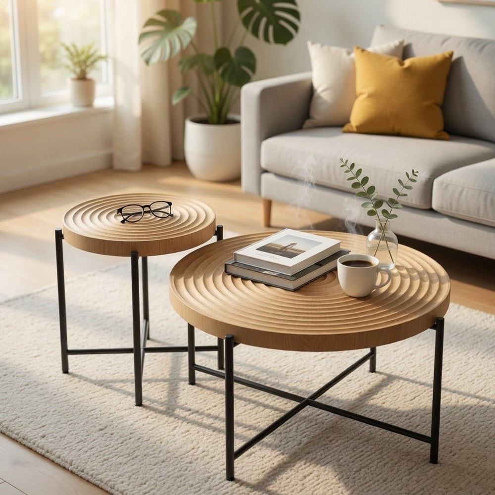 Sierra 2Pc Coffee and End Table Set, Ring Pattern, Oak-Antique White