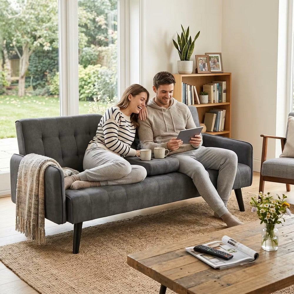 Eloise Convertible Sleeper Sofa-Bed, Cup Holder Table, Dark Gray Linen 72 Inch