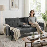 Eloise Convertible Sleeper Sofa-Bed, Cup Holder Table, Dark Gray Linen 72 Inch
