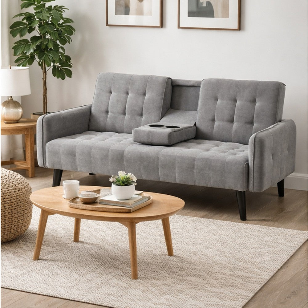 Eloise Convertible Sleeper Sofa-Bed with Cup Holder Table, Gray Linen 72 Inch
