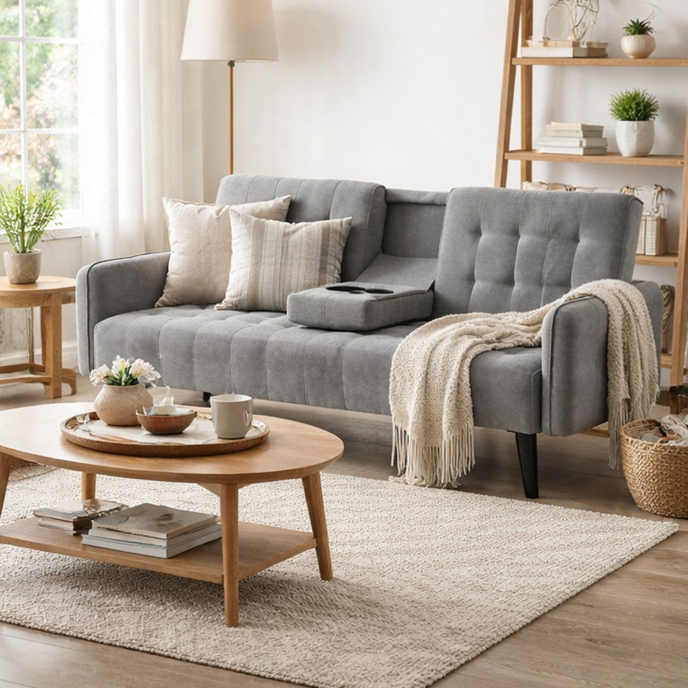 Eloise Convertible Sleeper Sofa-Bed with Cup Holder Table, Gray Linen 72 Inch