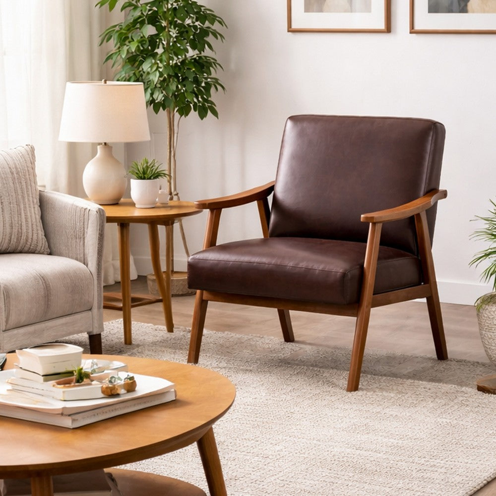 Ryno Mid-Century Accent Chair, Natural Wood Frame, Brown Microfiber