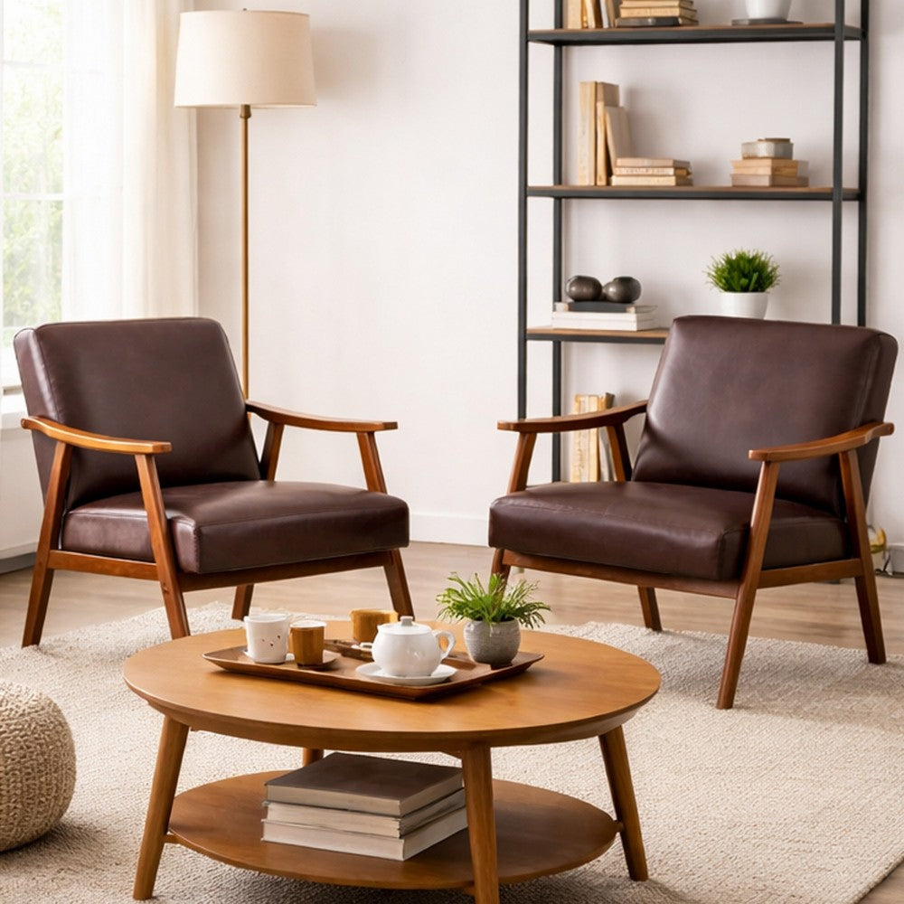 Ryno Mid-Century Accent Chair, Natural Wood Frame, Brown Microfiber