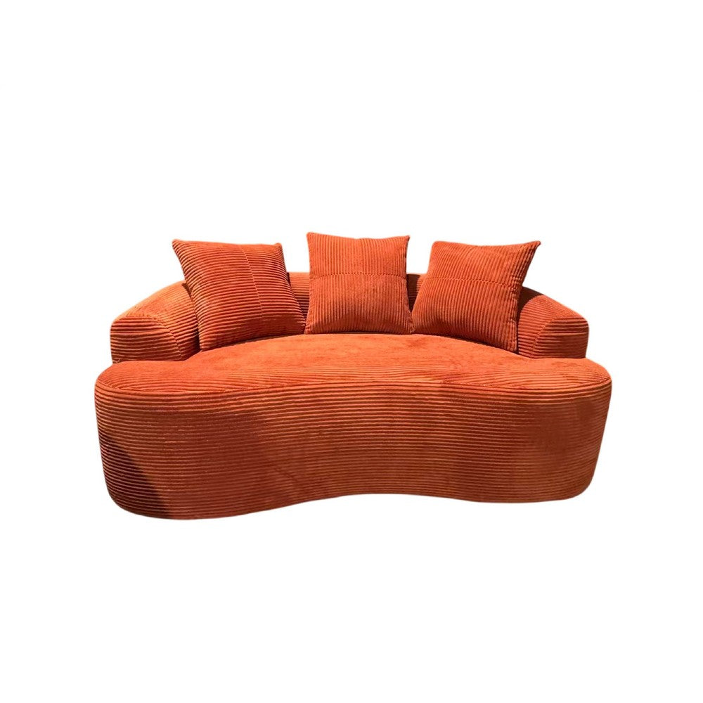Anvy Loveseat Sofa, 3 Accent Pillows, Curve Frame, Orange-Red Corduroy 65 Inch