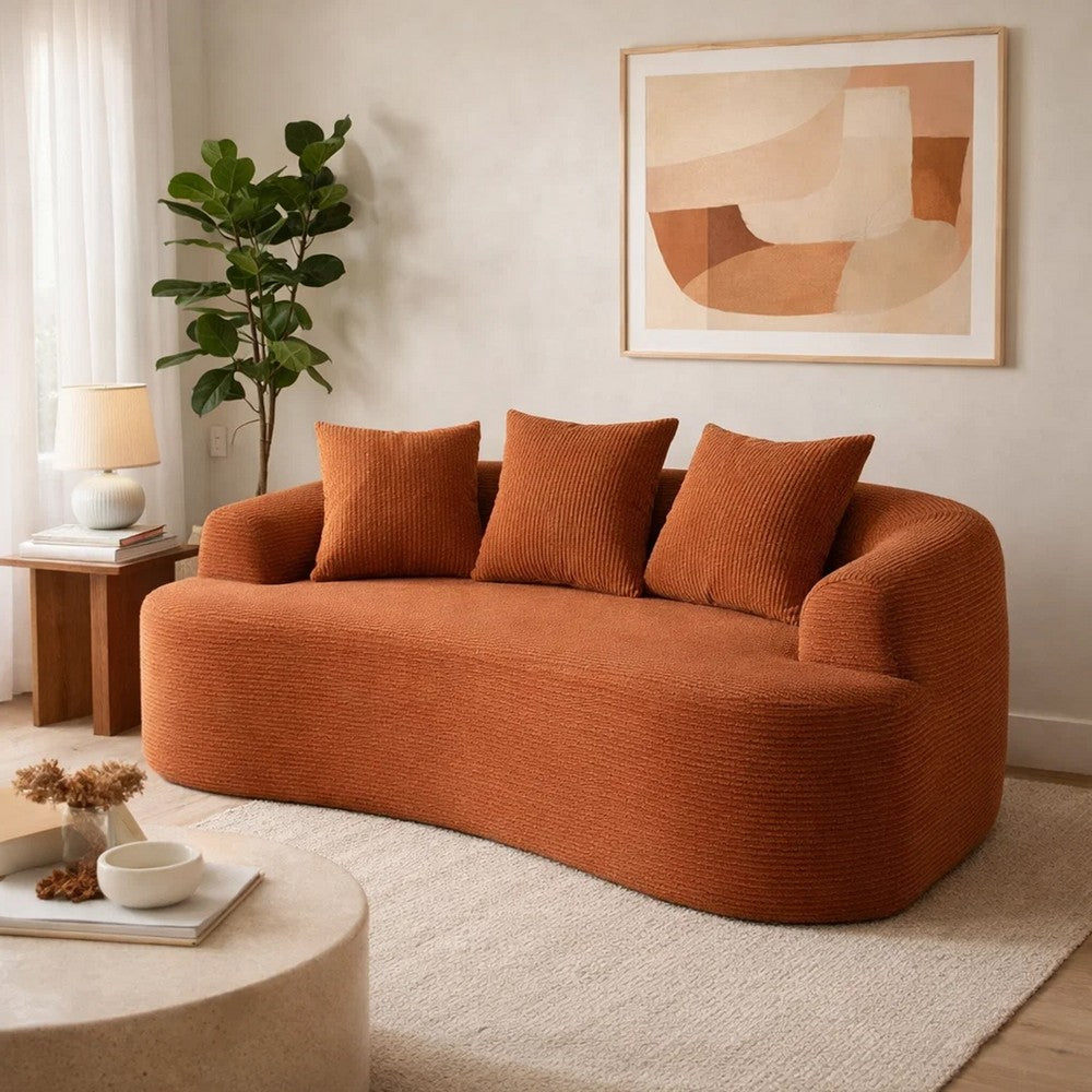 Anvy Loveseat Sofa, 3 Accent Pillows, Curve Frame, Orange-Red Corduroy 65 Inch