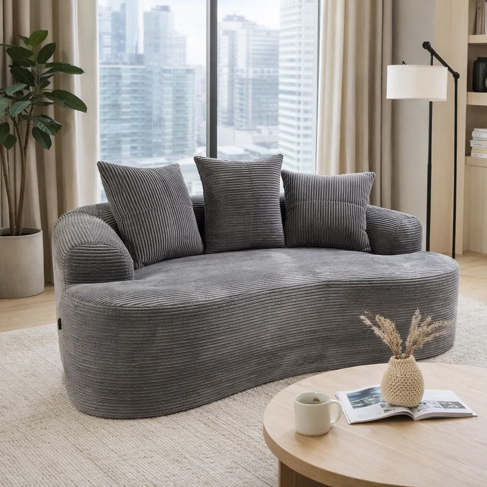 Anvy Loveseat Sofa with 3 Accent Pillows, Curved Frame, Gray Corduroy 65 Inch