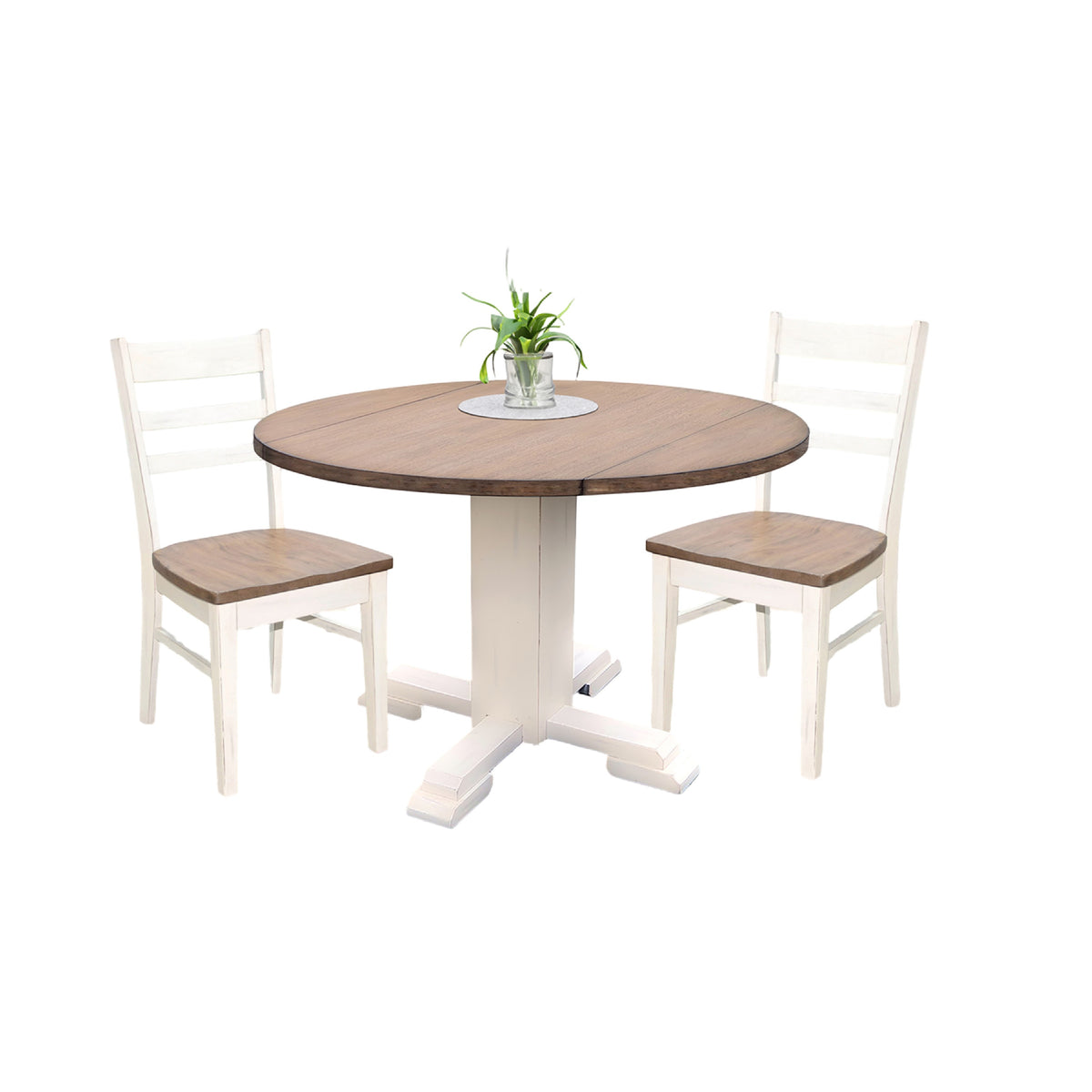 3pc Dining Set, Round Drop Leaf Top, White, Buckskin Brown Wood Seat
