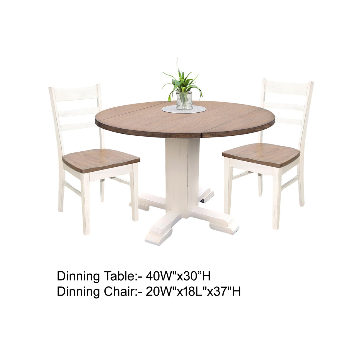 3pc Dining Set, Round Drop Leaf Top, White, Buckskin Brown Wood Seat