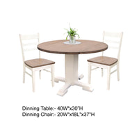 3pc Dining Set, Round Drop Leaf Top, White, Buckskin Brown Wood Seat