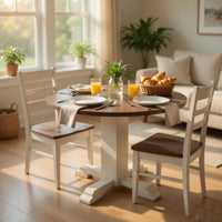 3pc Dining Set, Round Drop Leaf Top, White, Buckskin Brown Wood Seat