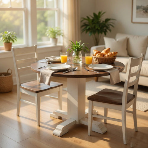 3pc Dining Set, Round Drop Leaf Top, White, Buckskin Brown Wood Seat
