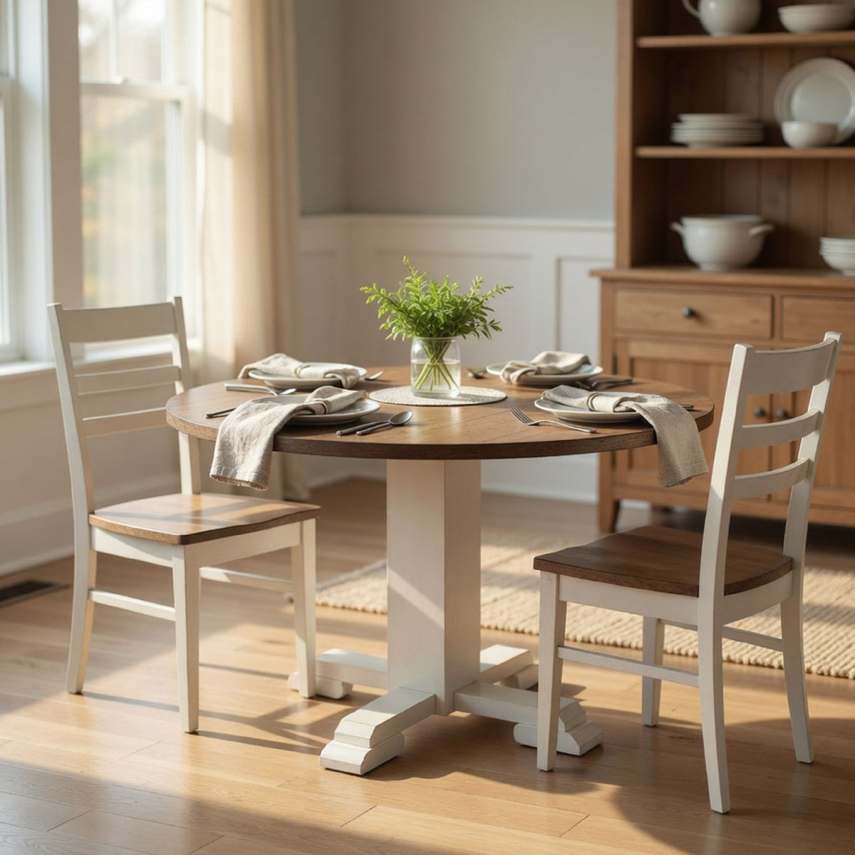 3pc Dining Set, Round Drop Leaf Top, White, Buckskin Brown Wood Seat