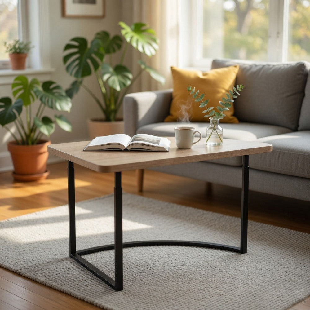 Giby Corner Table, Height Adjustable, Triangular Wheat Brown Wood, Black Metal - BM352376