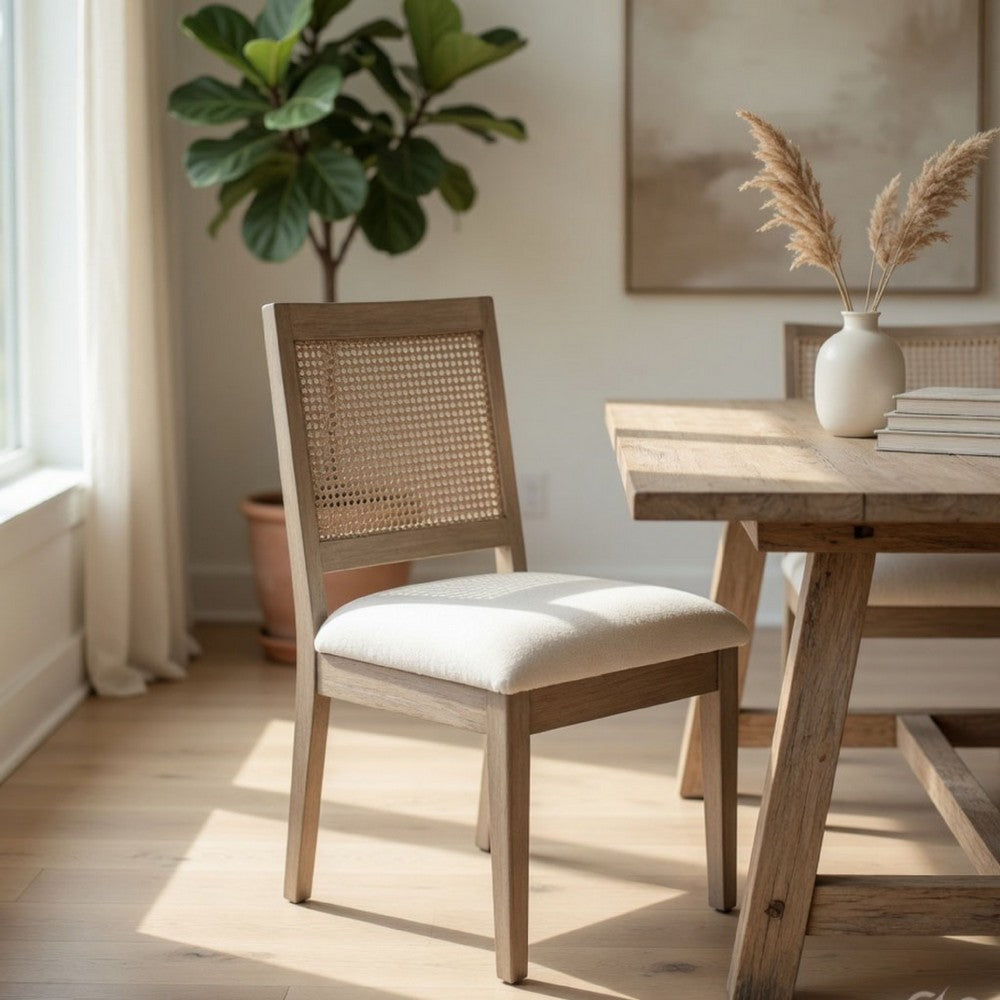 Dining Side Chair Set of 2, Cane Back, Cream Seat Cushion, Hazelnut Brown Wood - BM352391