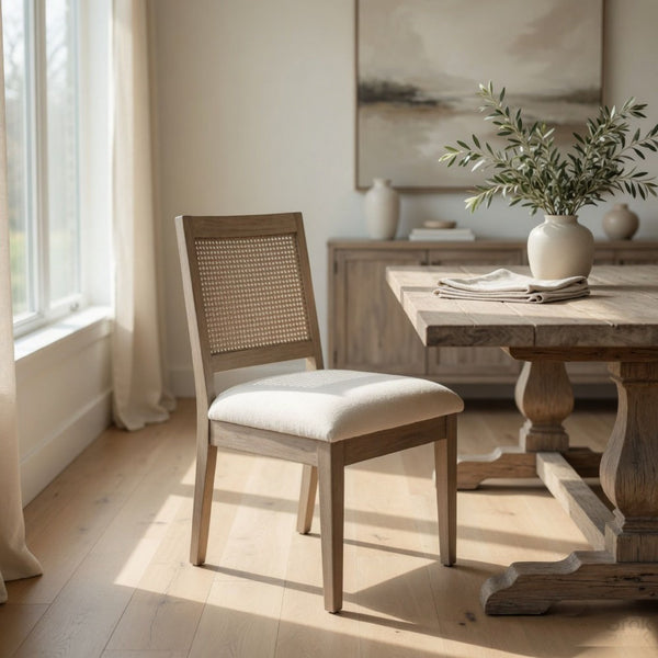 Dining Side Chair Set of 2, Cane Back, Cream Seat Cushion, Hazelnut Brown Wood - BM352391