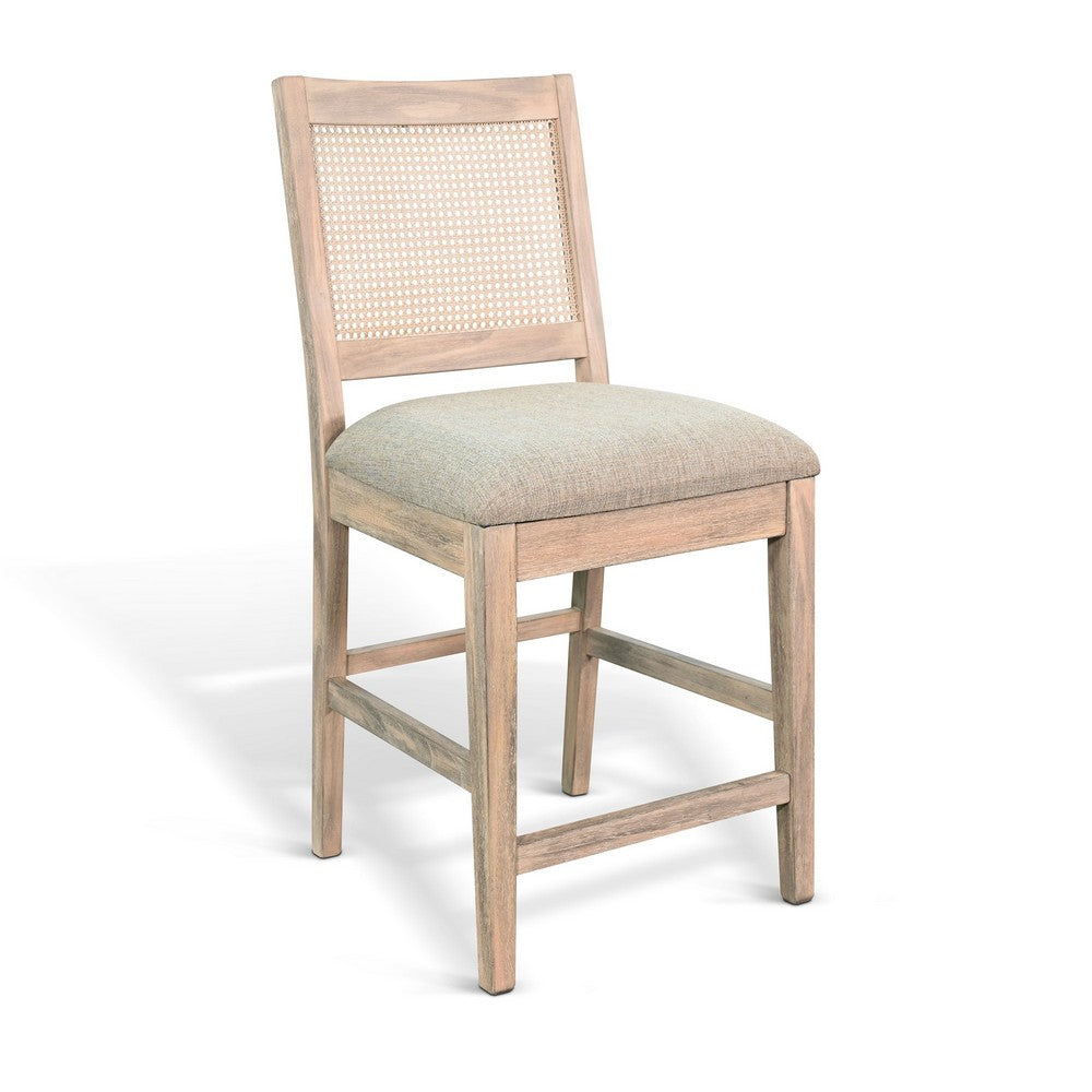 Counter Stool Chair Set  of 2, Cane Back, Gray Fabric Cushion, Wheat Brown Wood - BM352392