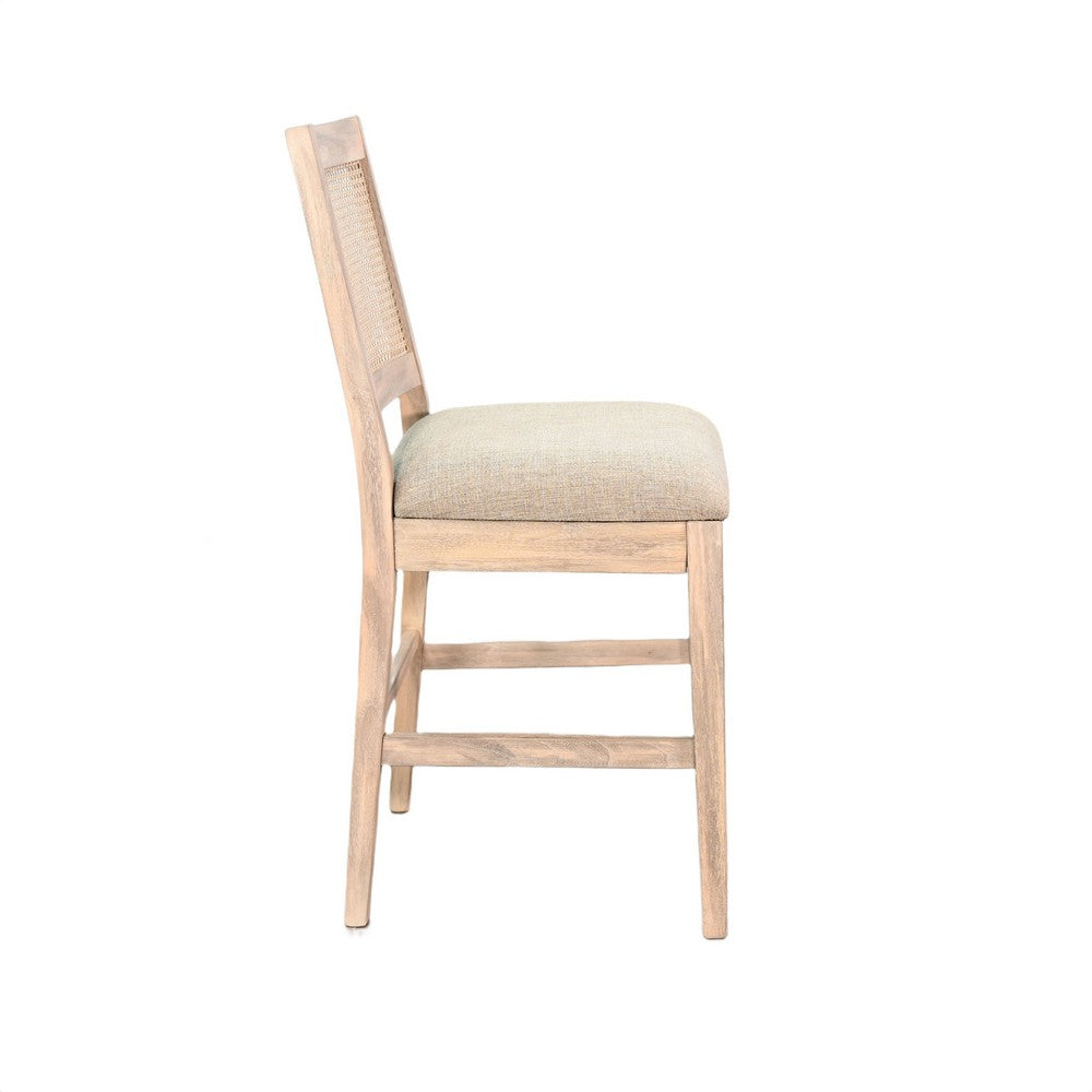 Counter Stool Chair Set  of 2, Cane Back, Gray Fabric Cushion, Wheat Brown Wood - BM352392