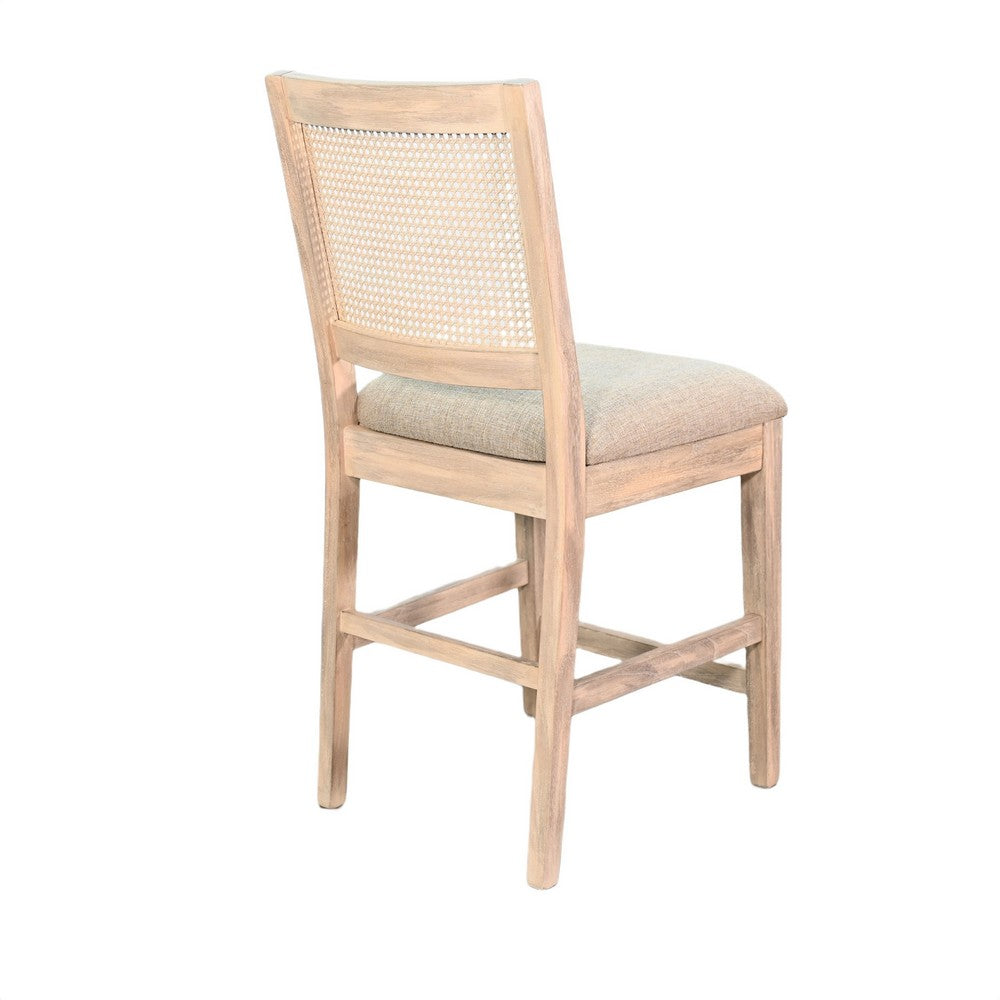 Counter Stool Chair Set  of 2, Cane Back, Gray Fabric Cushion, Wheat Brown Wood - BM352392