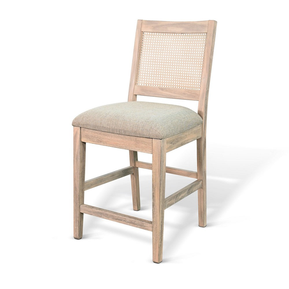 Counter Stool Chair Set  of 2, Cane Back, Gray Fabric Cushion, Wheat Brown Wood - BM352392