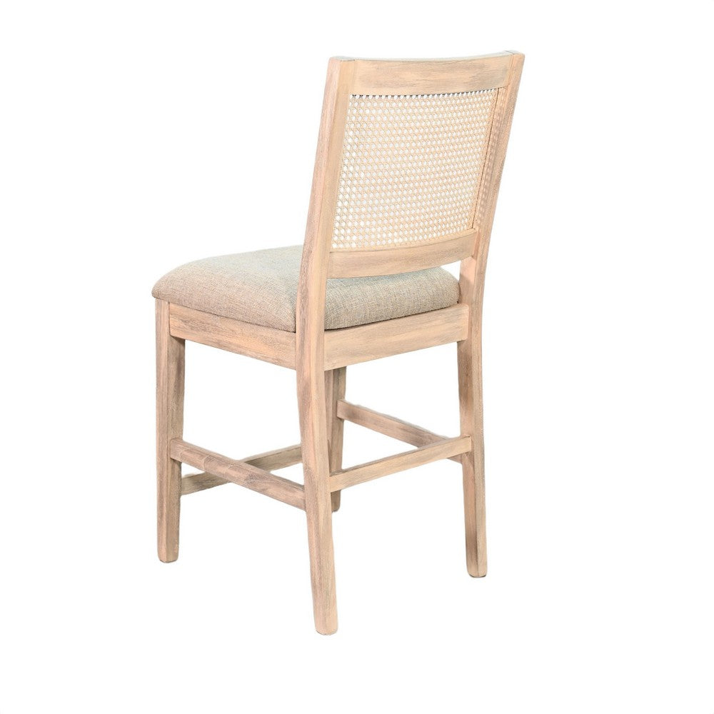 Counter Stool Chair Set  of 2, Cane Back, Gray Fabric Cushion, Wheat Brown Wood - BM352392