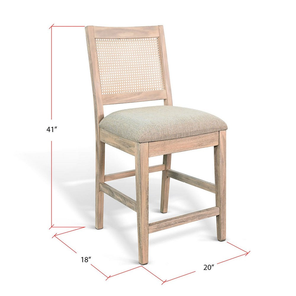 Counter Stool Chair Set  of 2, Cane Back, Gray Fabric Cushion, Wheat Brown Wood - BM352392