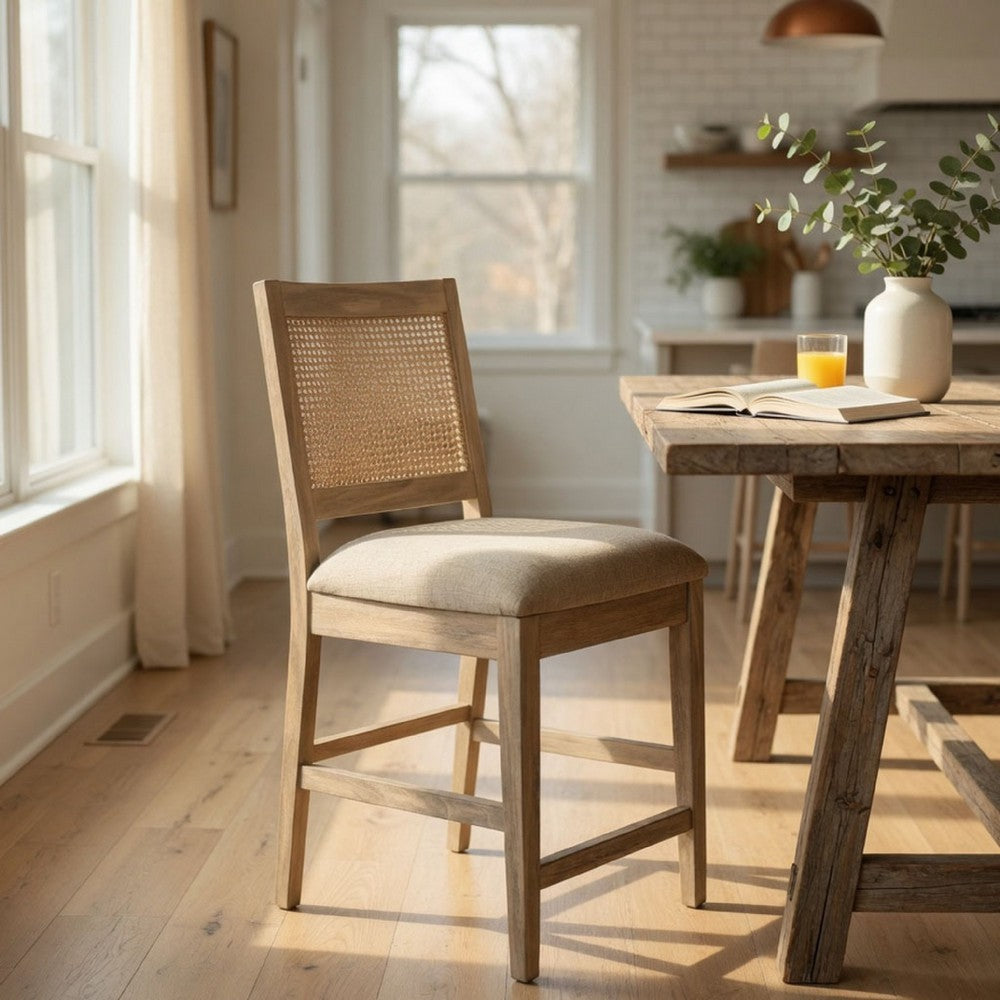 Counter Stool Chair Set  of 2, Cane Back, Gray Fabric Cushion, Wheat Brown Wood - BM352392