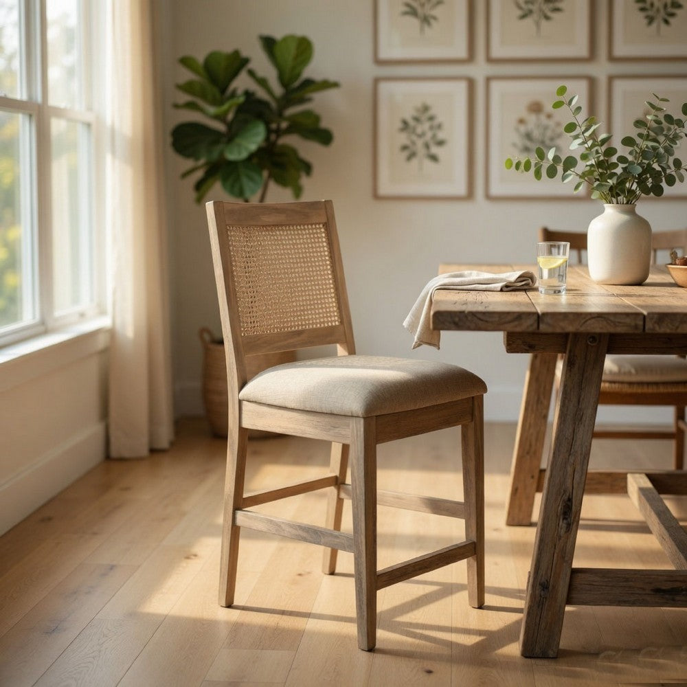 Counter Stool Chair Set  of 2, Cane Back, Gray Fabric Cushion, Wheat Brown Wood - BM352392