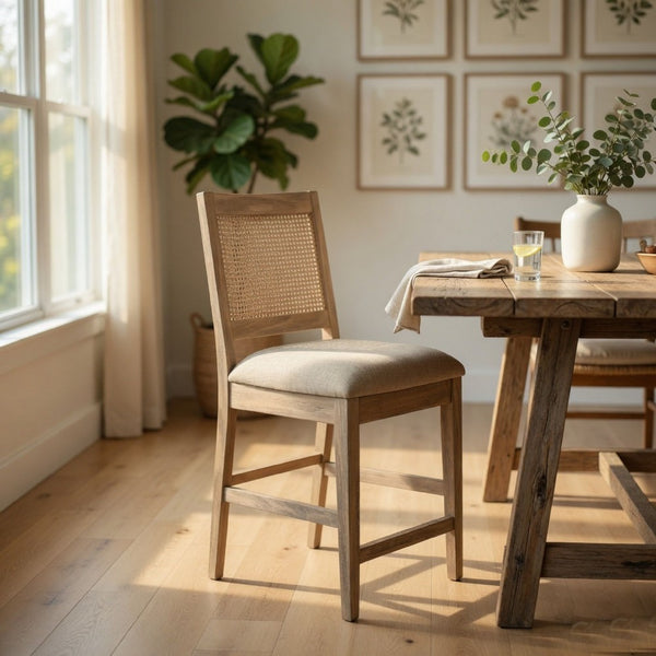 Counter Stool Chair Set  of 2, Cane Back, Gray Fabric Cushion, Wheat Brown Wood - BM352392