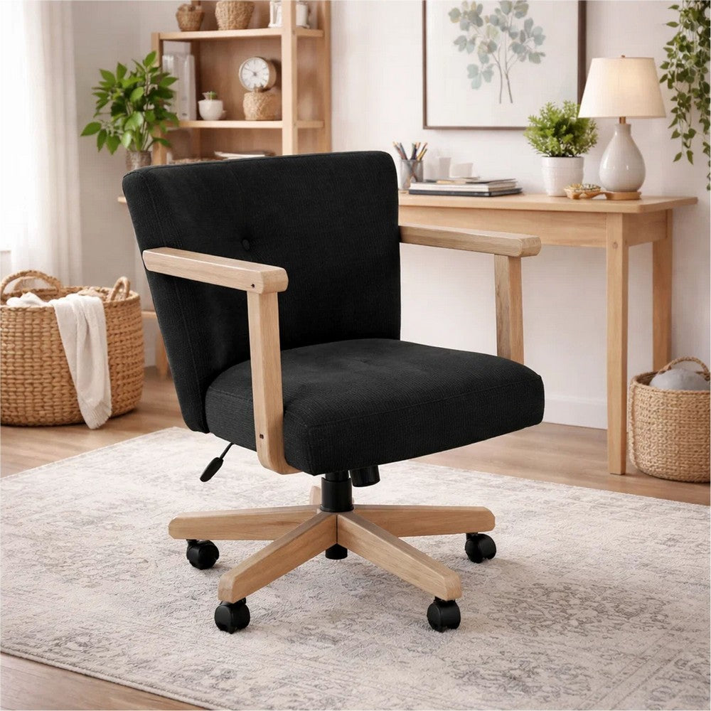 Giby Swivel Gaming or Office Chair, Black Corduroy Seat, Oak Brown Wood - BM352393