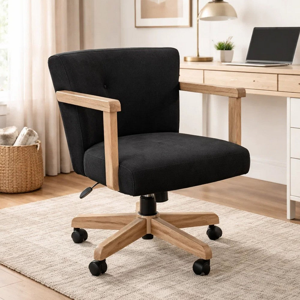 Giby Swivel Gaming or Office Chair, Black Corduroy Seat, Oak Brown Wood - BM352393