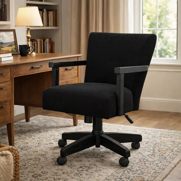 Giby Swivel Gaming or Office Chair, Corduroy-Style Seat, Black Wood - BM352394