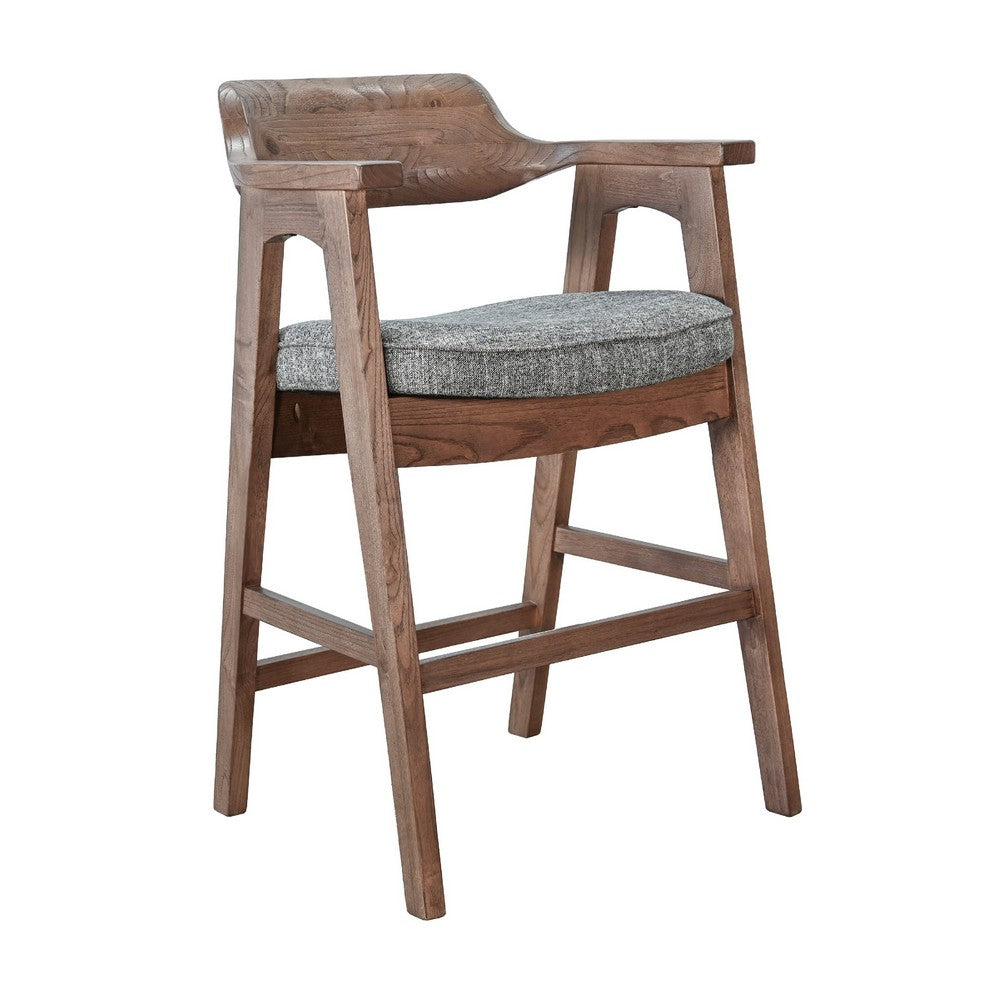 Reno Counter Stool Chair Set of 2, Curved Back, Gray Cushion, Brown Wood - BM352399